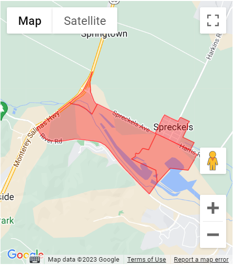 Floodwaters from the Salinas River have moved northeast towards Spreckels Blvd and are beginning to impact Spreckels Blvd near Hwy 68.   Las inundaciones del río Salinas se han movido al noreste hacia Spreckels Blvd. y están comenzando a afectar a Spreckels Blvd. cerca de hwy 68