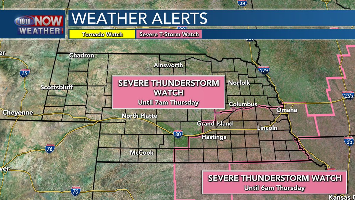 A new SEVERE THUNDERSTORM WATCH has been issued for parts of south central and southeastern Nebraska until 7am Thursday.this includes Lincoln. Grand Island. Hastings. Beatrice. Nebraska City and Falls City. Threats include 1.50  hail.winds 60-70 mph.isolated tornadoes