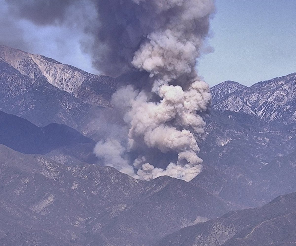 Fire in Angeles National Forest- 75 acres burning in East Fork area- Evacuations ordered- East Fork Road closed- Smoke plume visible on Pine Mountain cam- Local fire protection assisting