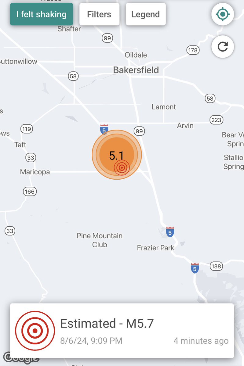 Preliminary 5.7 magnitude earthquake about 20 miles south of Bakersfield, CA