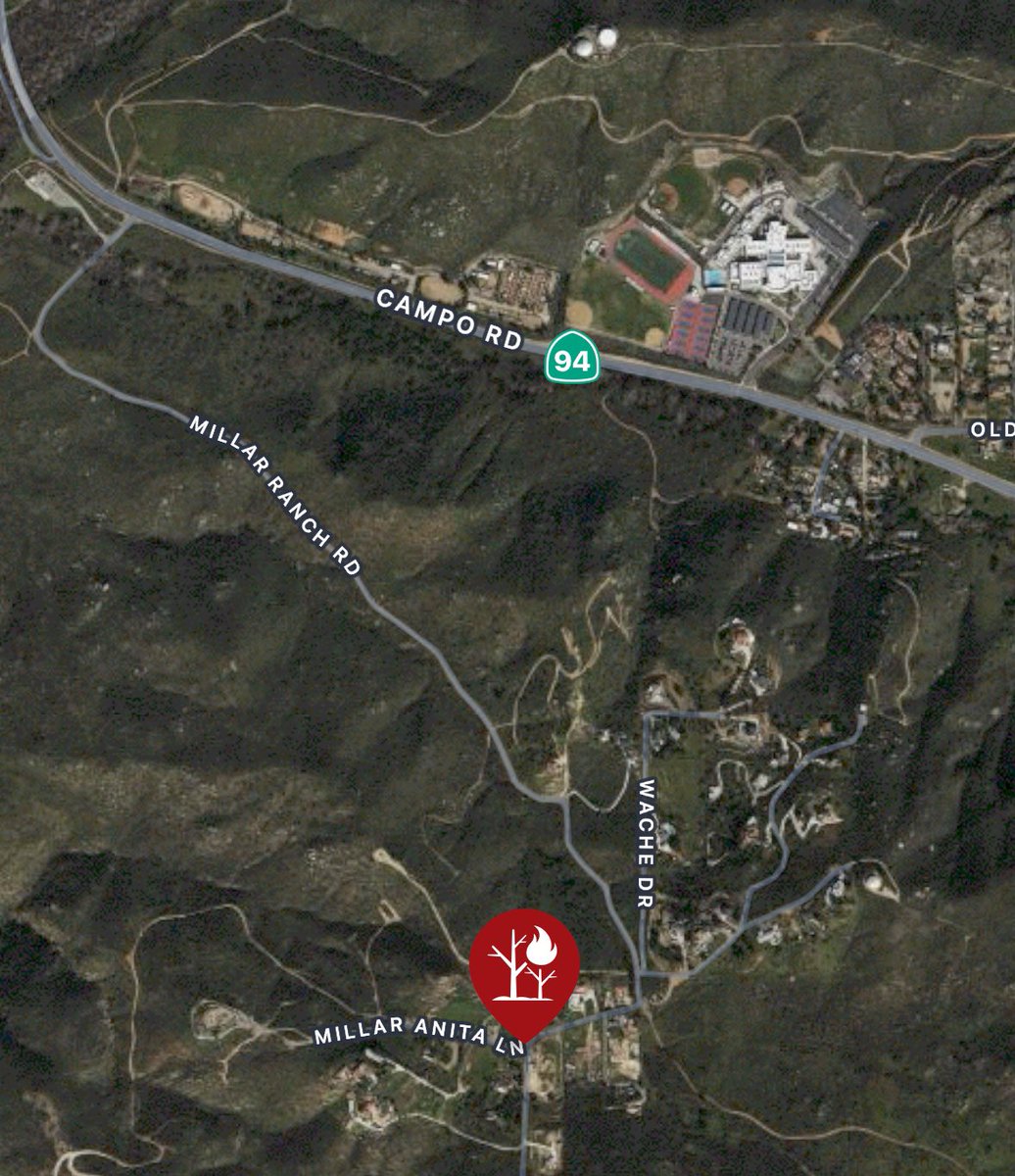 @CALFIRESANDIEGO is at scene of a vegetation fire near Millar Ranch Road and Millar Anita Lane in the San Miguel area. Three acres, moderate rate of spread. Immediate structure threat in area; Shelter-In-Place Orders issued