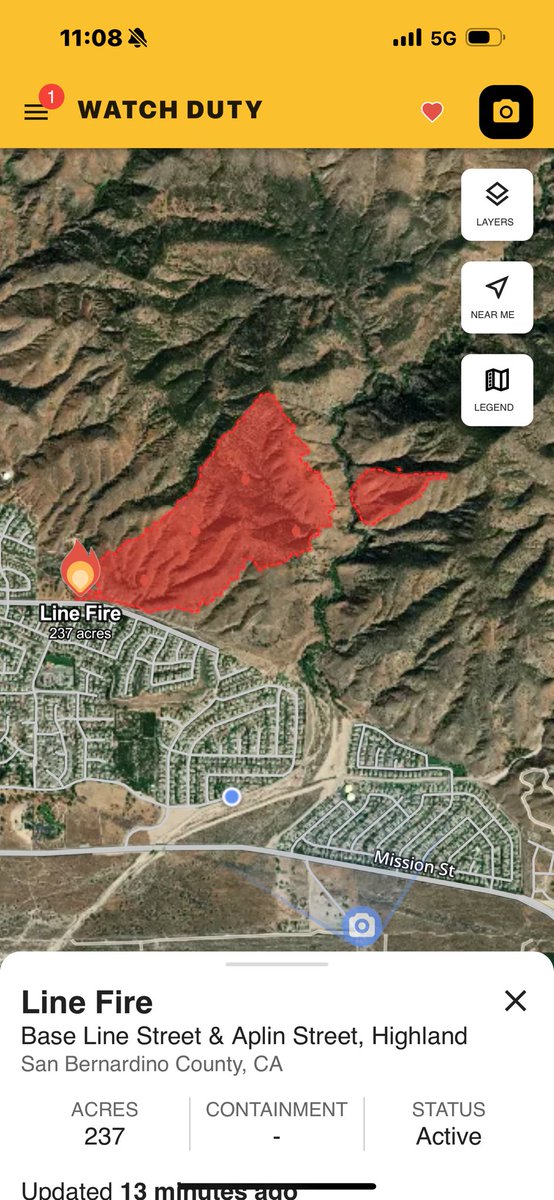 Highland Ca linefire last updated acreage 237 per air attack. The fire is still actively burning in the hills above green spot Rd.