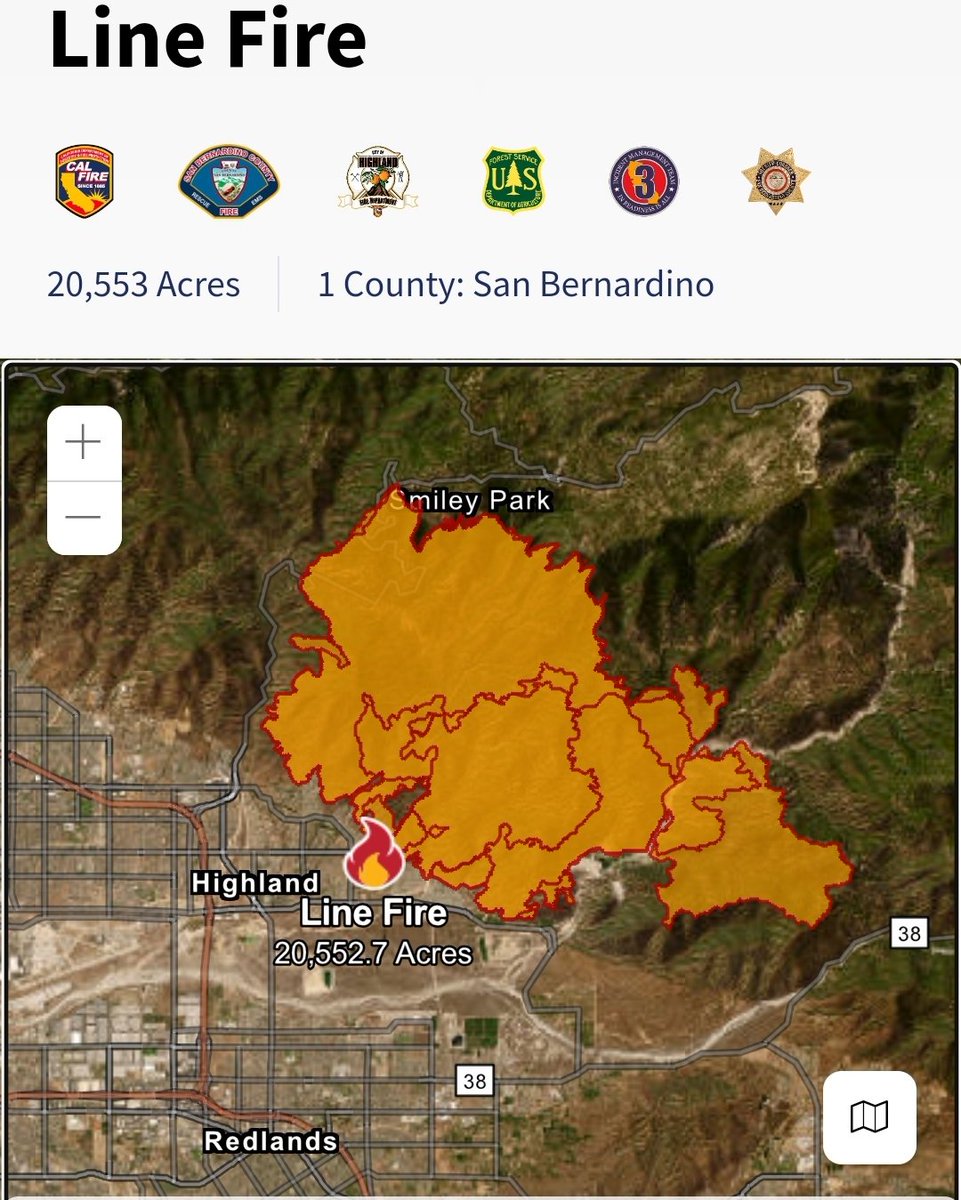 LineFire Highland, Southern California in San Bernardino County.  20,553 acres burnt. More than 36,000 homes and structures threatened. 0% containment