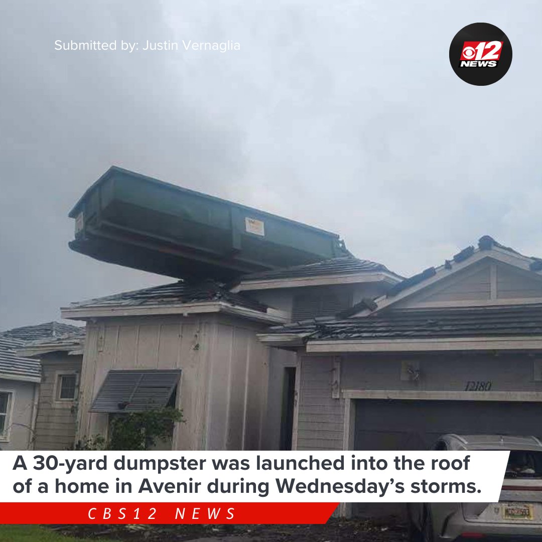 A giant dumpster atop an Avenir home shows the power of the storms that swept through South Florida ahead of Hurricane Milton
