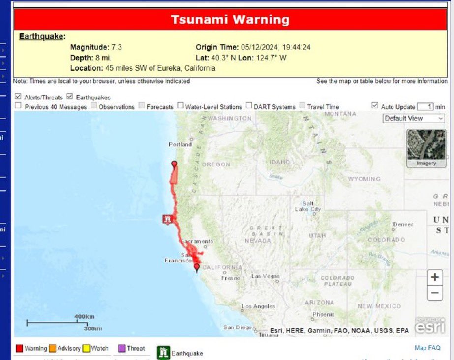 Tsunami warning issued for the western coastline including San Francisco Bay Area following earthquake