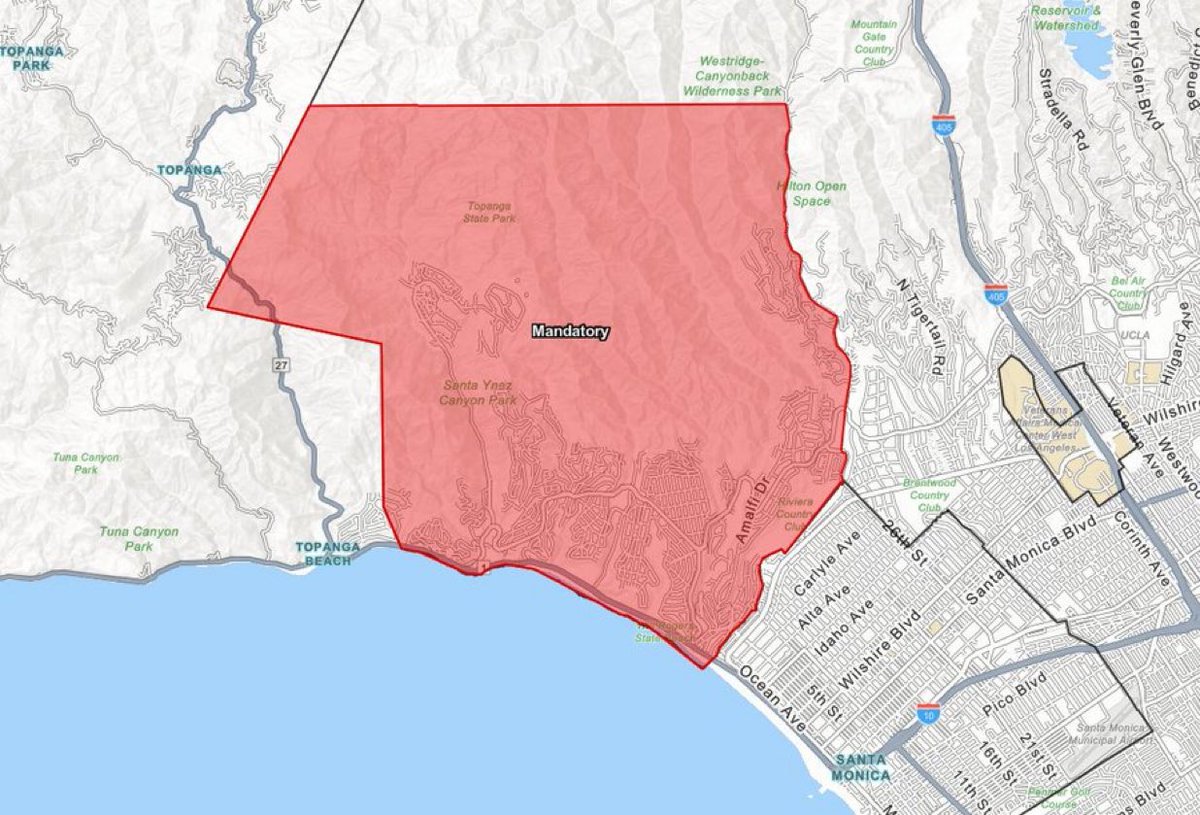 All of Pacific Palisades is currently under an evacuation order due to the fast-moving, wind-driven Palisades fire which has burned more than 200 acres. Evacuees are being urged to travel south toward Pacific Coast Highway