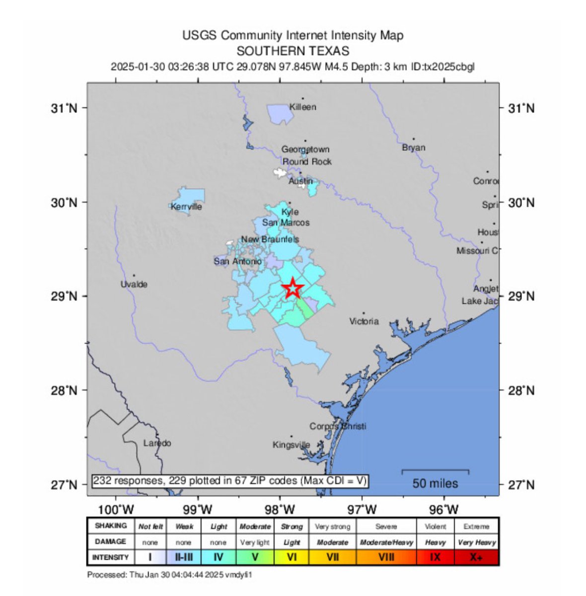 A 4.5 magnitude earthquake shook South Texas at 9:26 pm Wednesday evening. The epicenter is near Falls City, TX. The shaking could be felt in San Antonio