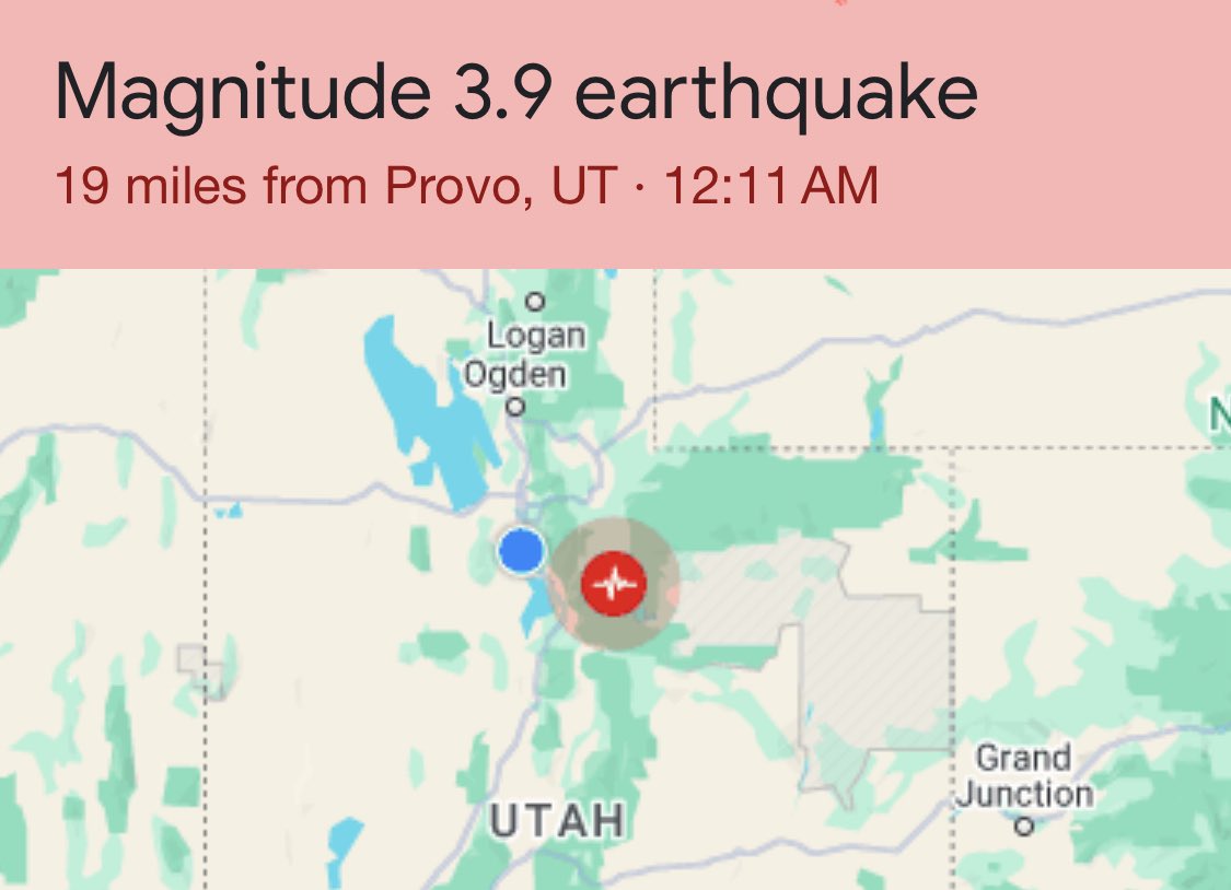 A Magnitude 3.9 Earthquake occurred 19 miles from Provo in Independence at 12:11 AM