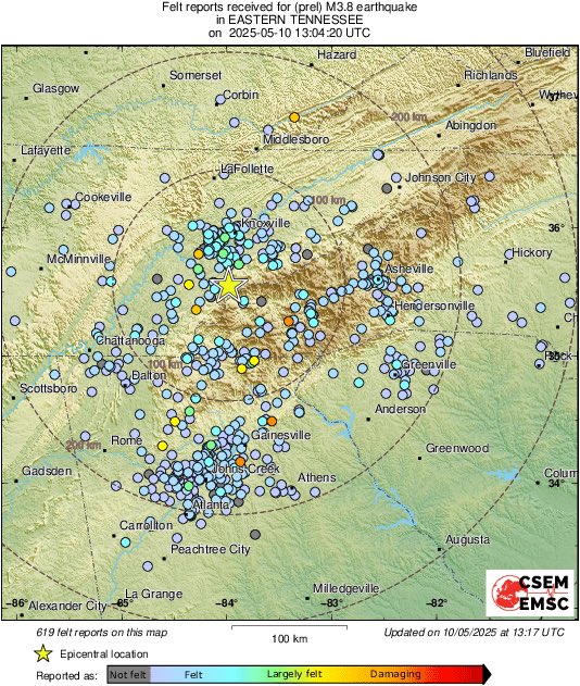 Small earthquake felt throughout the southeast U.S., including in Atlanta and Knoxville