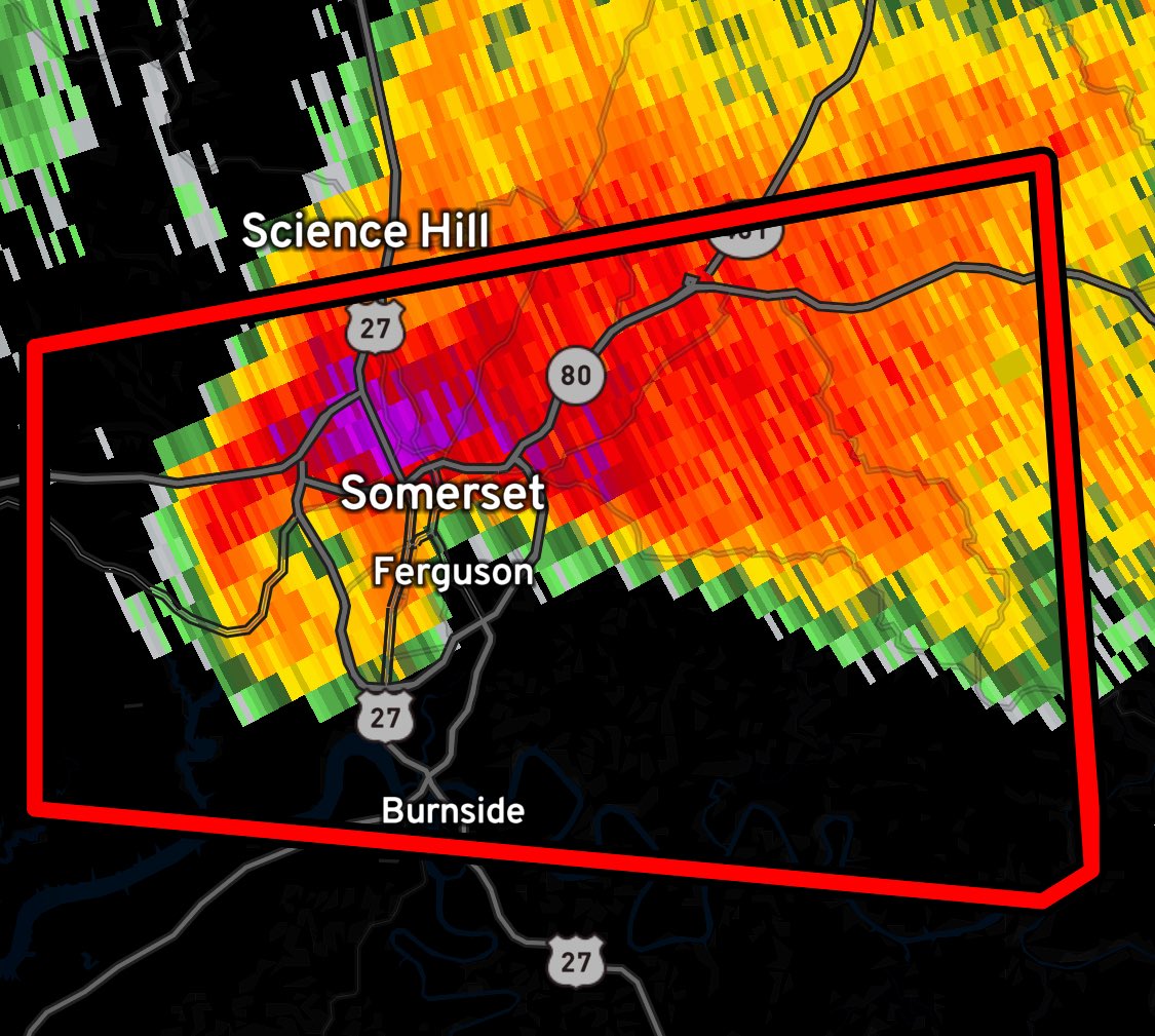 Large tornado entering populated town of Somerset, Kentucky