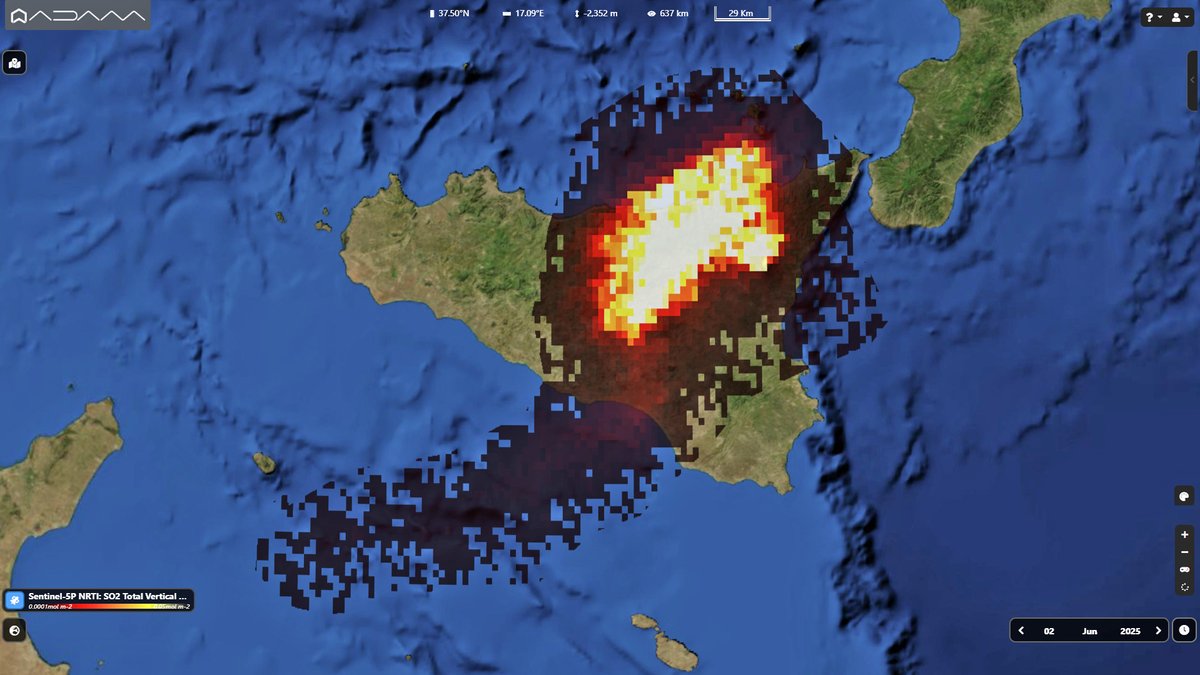 The first paroxysm of Etna in the last 18 months from space. nThe Copernicus Sentinel5p map on June 2 shows the SO2 plume related to the eruption at Southeast Crater