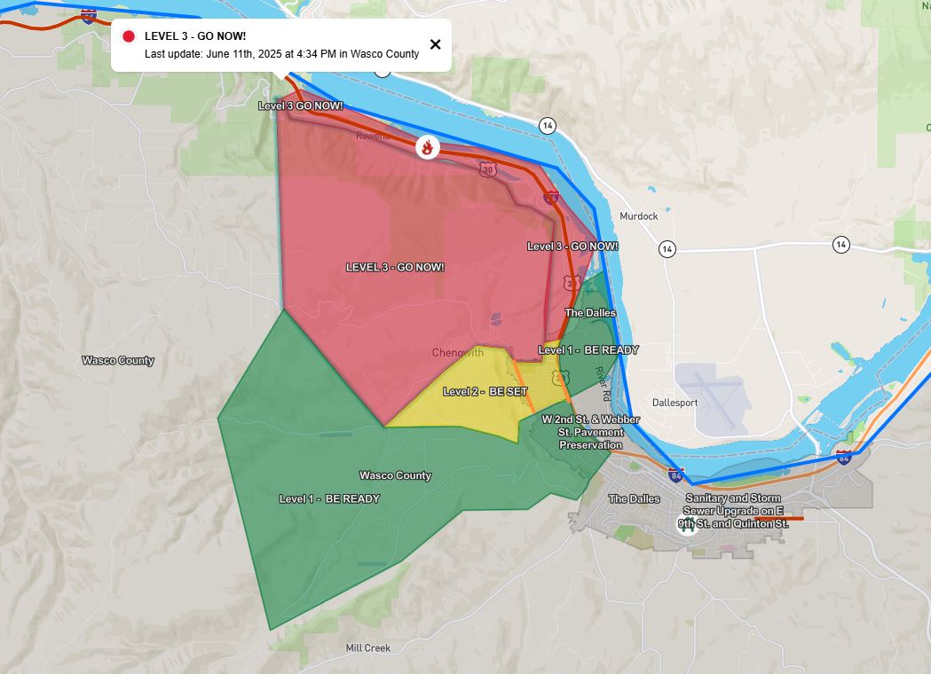Evacuation orders are in place and part of I-84 is closed due to a 500-acre fire burning in northern Oregon. The Wasco County Sheriff's Office has ordered over 700 homes to evacuate from the area of the Rowena Fire, burning on the Oregon/Washington border