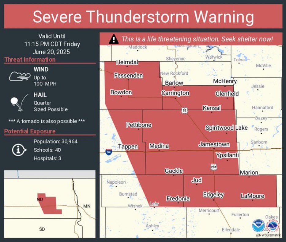 Dangerous thunderstorm producing 100 MPH winds moving through central North Dakota