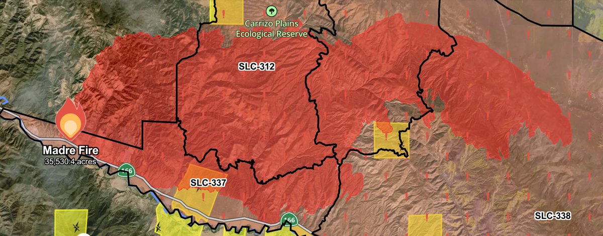 NnSantaMaria / California nnThe FIRIS Intel 24 plane has remapped the MadreFire and it is now listed at 35,530 acres. Average burn rate of 3,230 acres