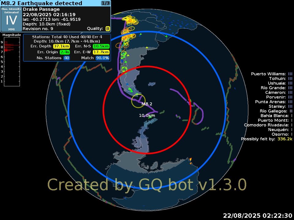 Reports preliminary 8.2 magnitude earthquake in Drake Passage, South America  ge