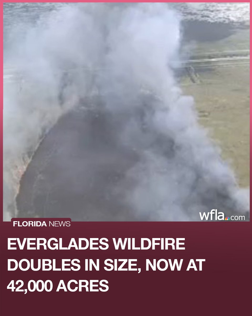 Firefighters are working to contain a massive wildfire burning in the Everglades, which has now doubled in size from just a day ago