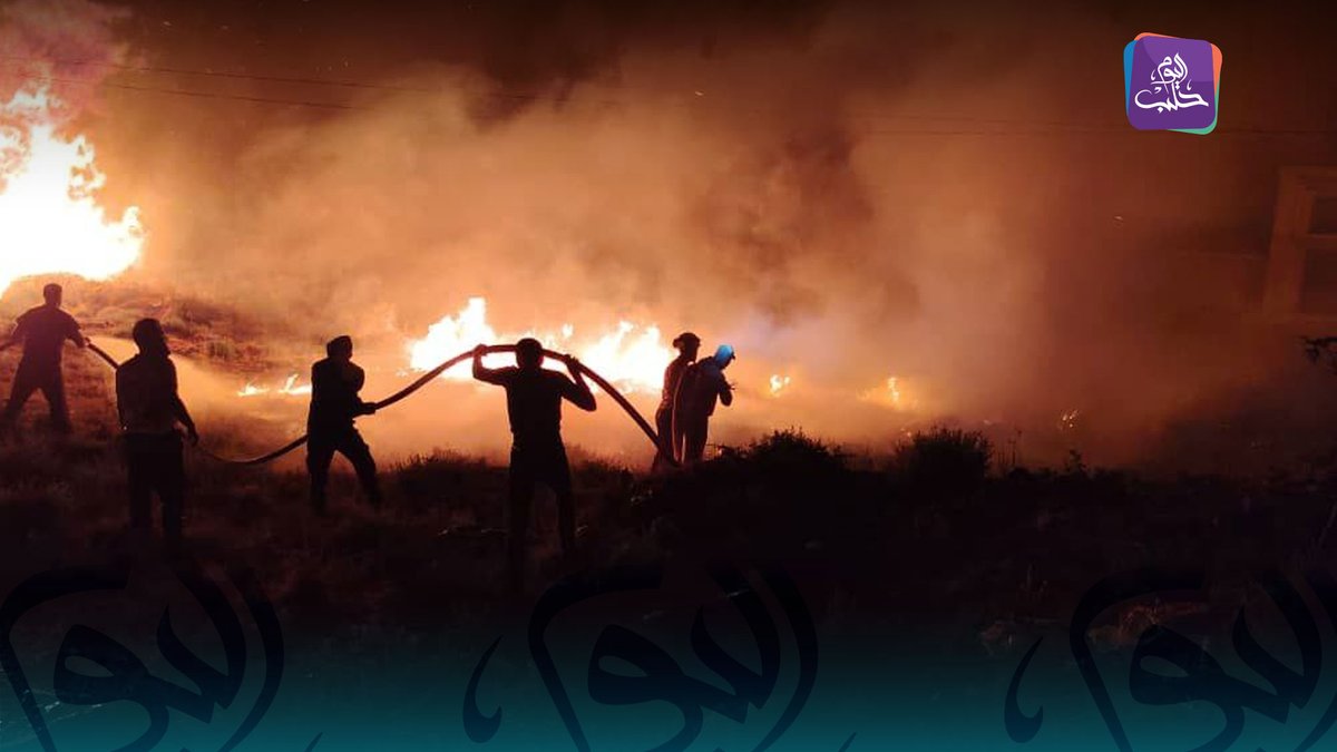 Firefighting teams, with the help of local residents, control a forest fire in the village of Nahr al-Bared in the Hama countryside.