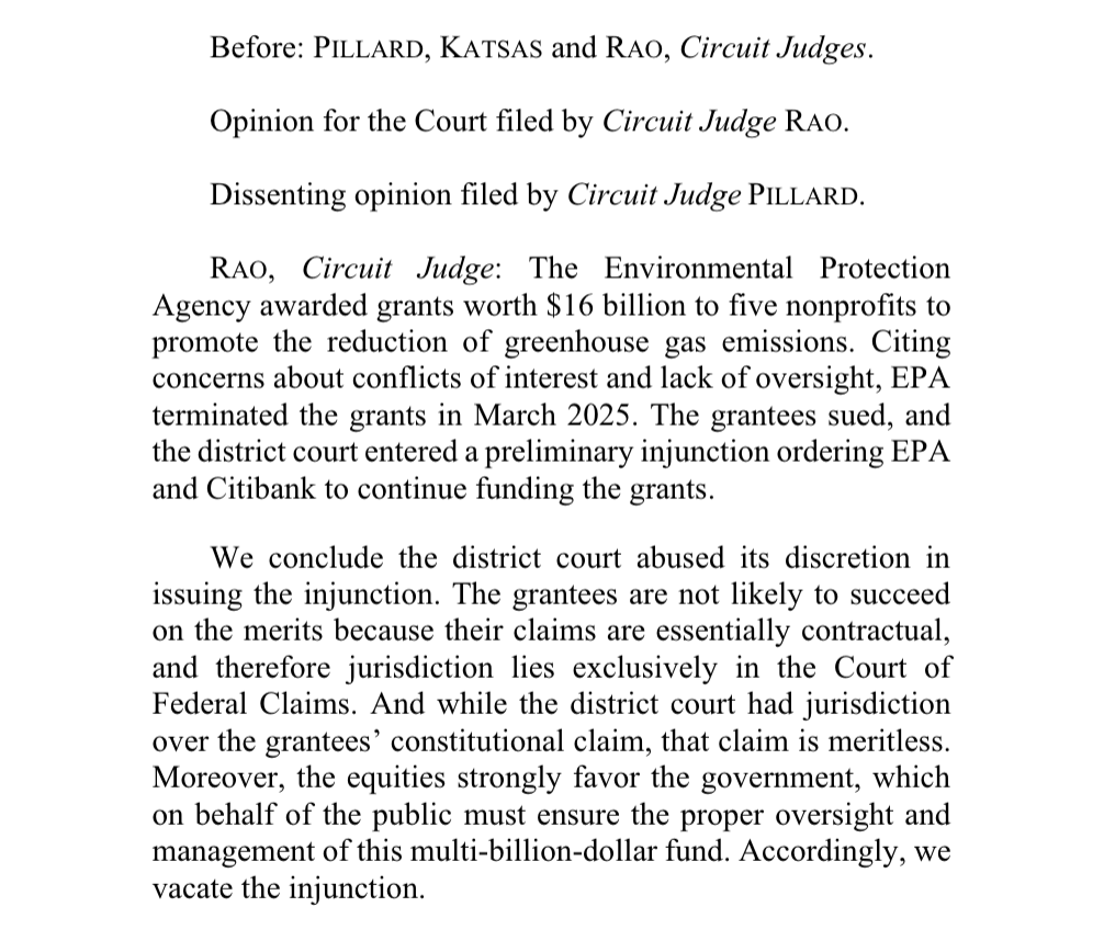 D.C. Circuit panel rules 2-1 to permit Trump administration to axe $16 billion climate funds authorized by Biden administration. Ruling lifts Judge Chuktkan's injunction
