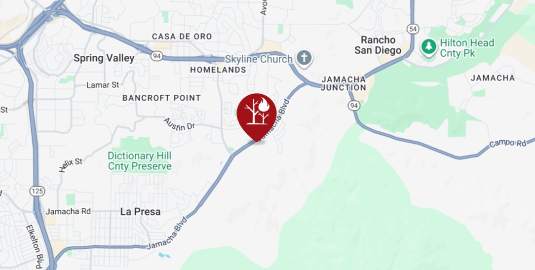 @CALFIRESANDIEGO is at scene of a vegetation fire near Jamacha Blvd and Double Tree Road. 10 acres, critical rate of spread, structures threatened, evacs in progress. Additional resources have been ordered