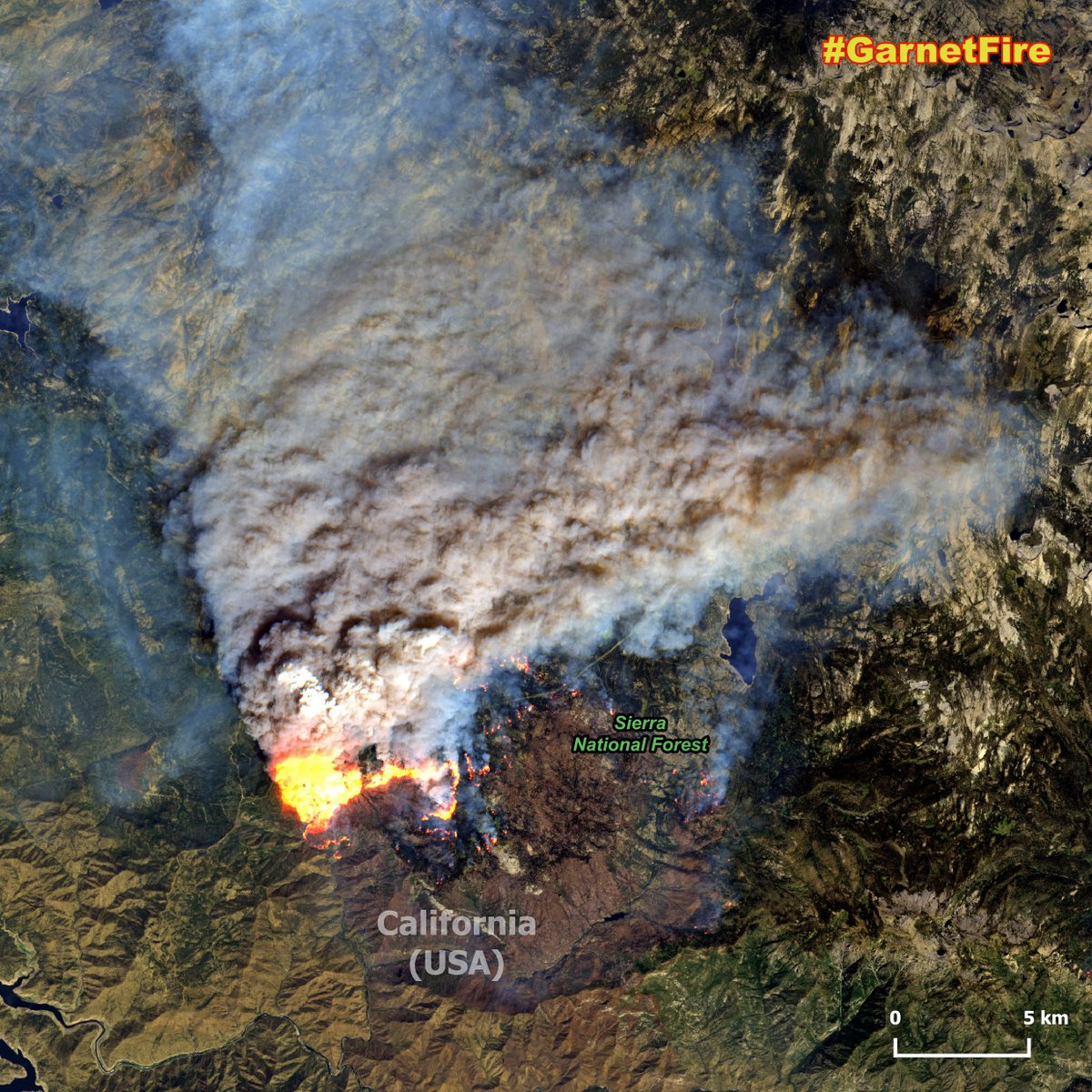 GarnetFire that has reinforced on Sept. 7,growing from 36000 to 41000 acres in few hours and producing a large smoke plume moving northernwards with pyrocumulonimbus