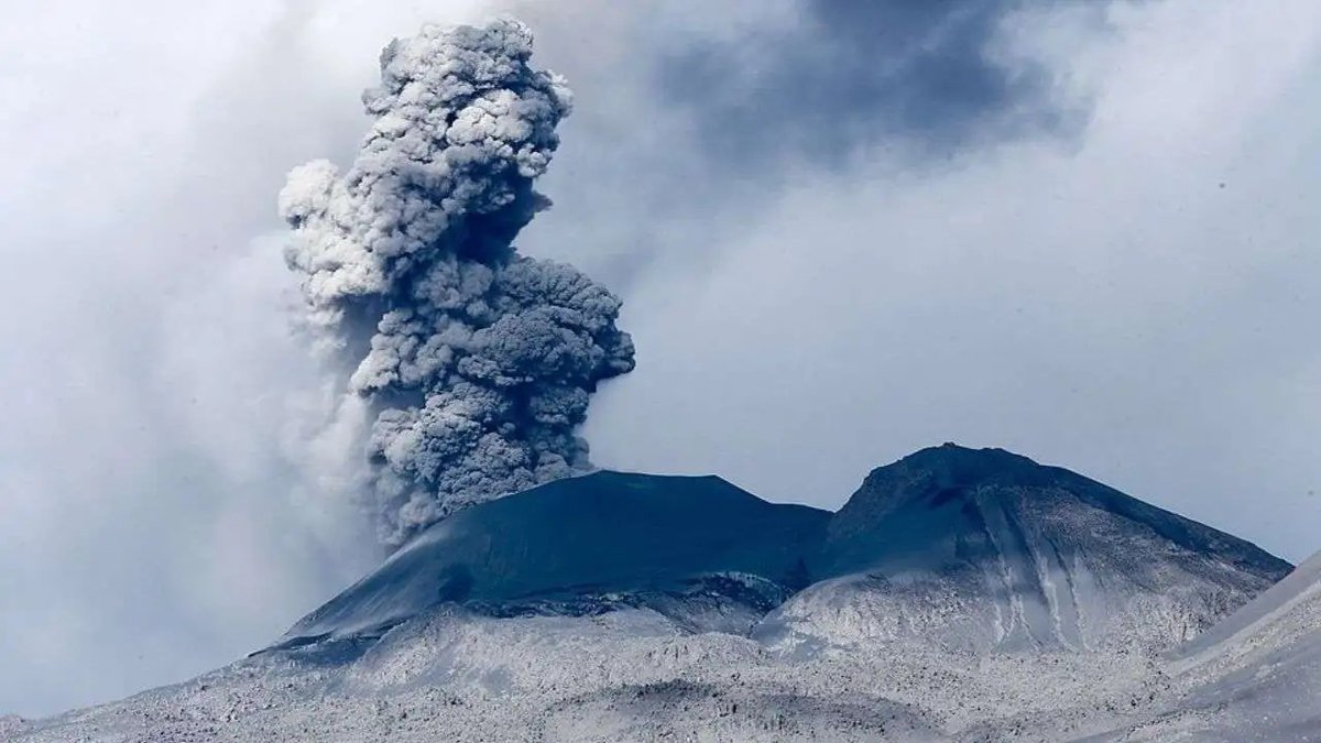 Sabancaya volcano in southern Peru emits a 5-kilometer column of gas and ash.