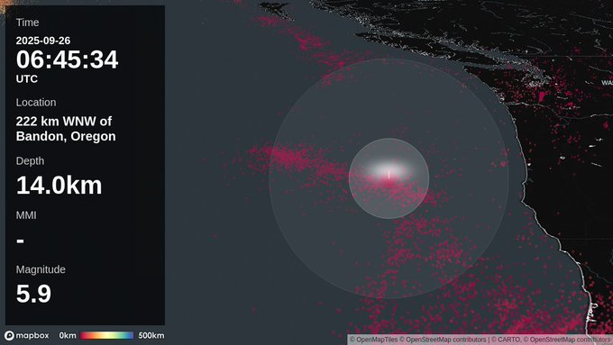 Magnitude 5.9 earthquake strikes Bandon, Oregon region. - USGS