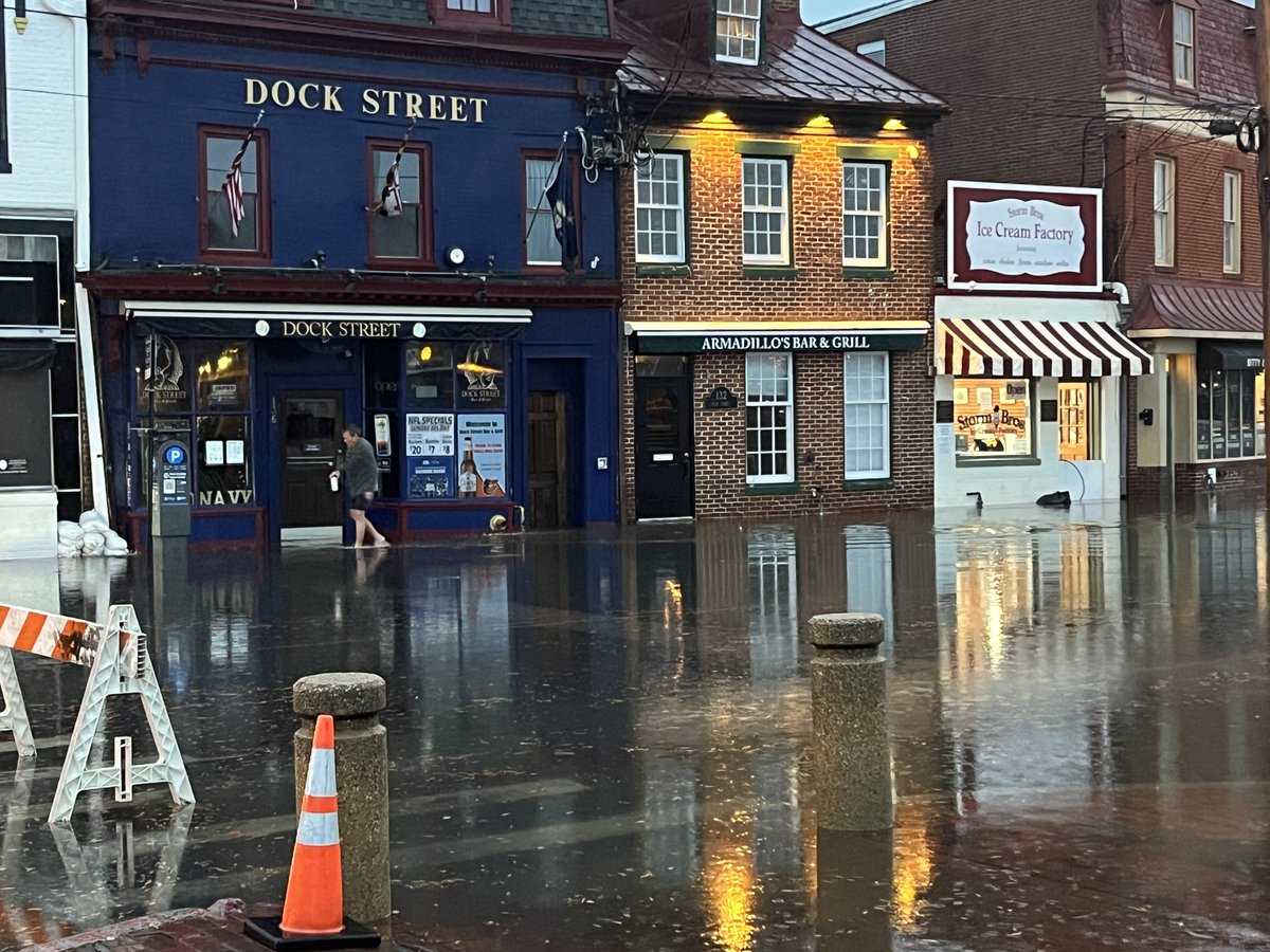 Flooding on Dock Street in Annapolis as severe weather moves through Maryland