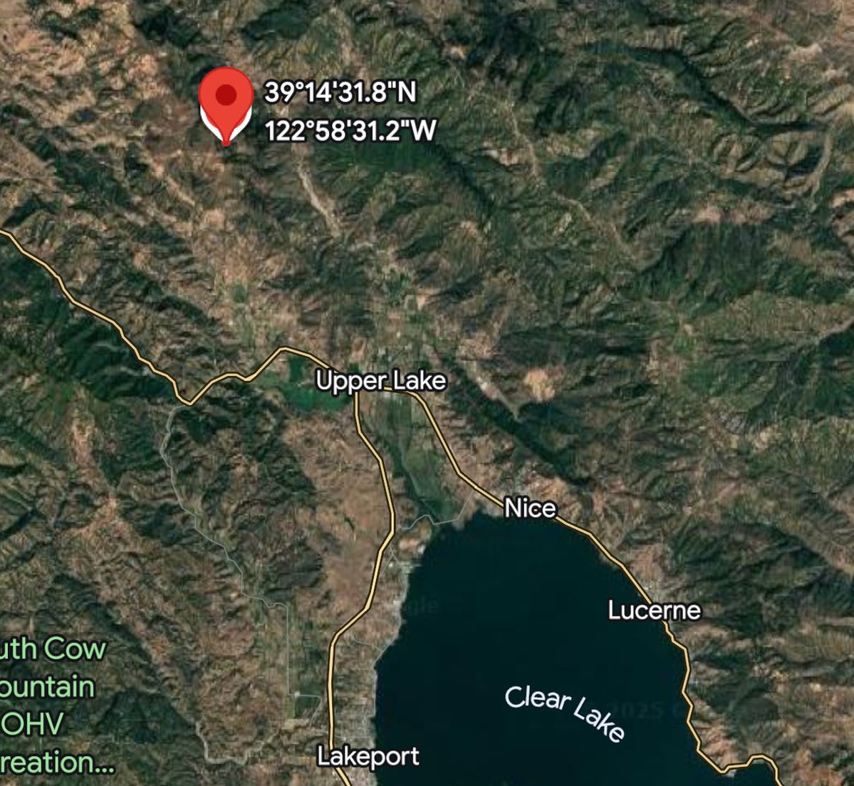 Elk Mountain Road near West Fork Middle Creek, Upper Lake (Lake County) Time of Dispatch: 12:11 p.m.   Oct. 30, 2025 Initial Report on Conditions: The fire is approximately 1.5 acres, moving uphill. Ground crews continue making