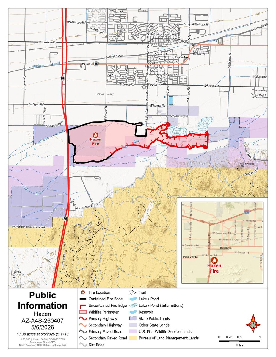 The HazenFire has increased to 1,138 burned with 45% containment. AZDFFM has assigned 167 personnel, who will continue patrolling contained sections of the fire perimeter and check heat near containment lines. APS has started repairing damaged power lines