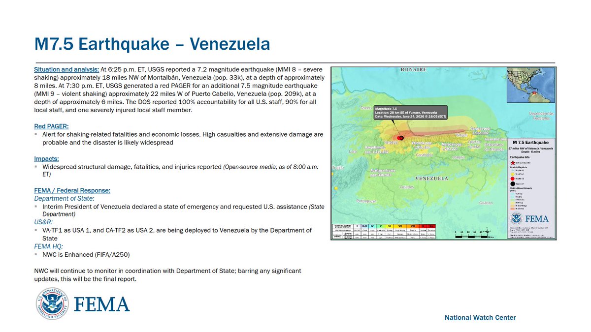 As of 8am today, FEMA has activated resources to assist with the response to the earthquakes in Venezuela beginning with USA-01 and USA-02 urban search & rescue teams