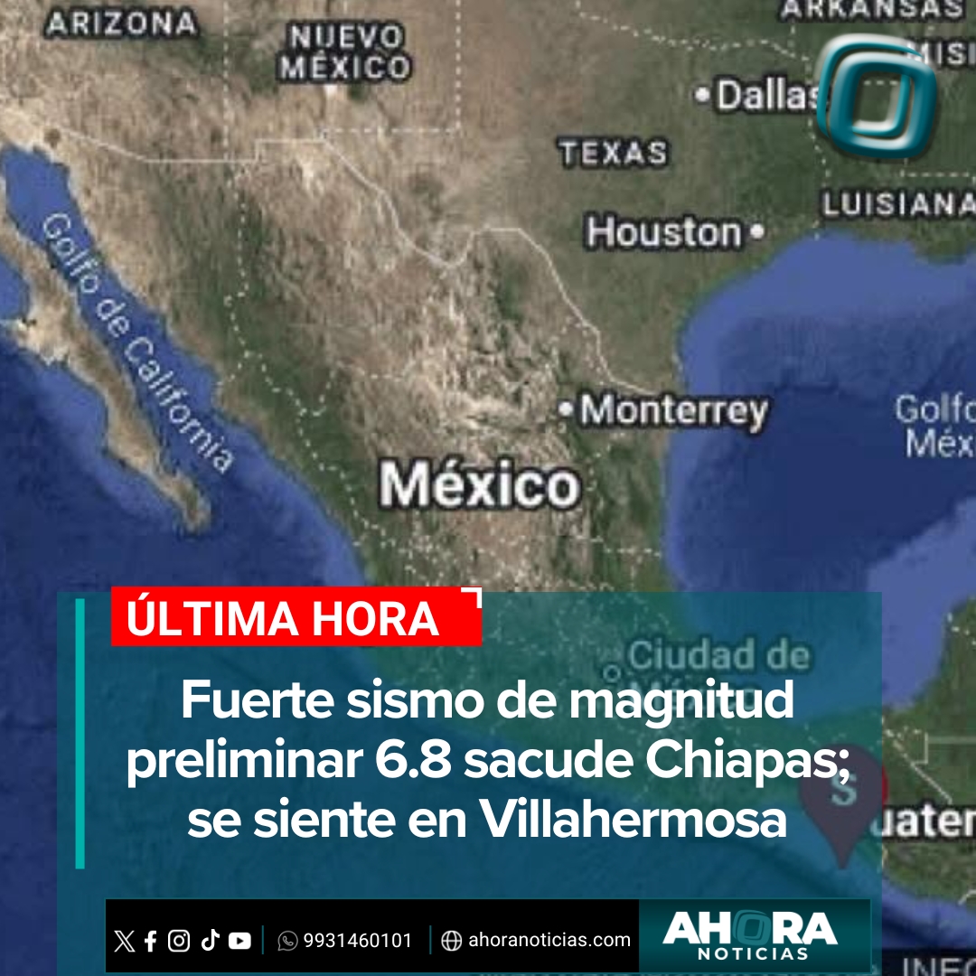 A magnitude 6.8 earthquake struck Chiapas and was felt in Tabasco. The National Seismological Service reported that the epicenter was located 95 kilometers southwest of Huixtla. On social media, residents of various municipalities in Tabasco reported feeling the tremor.