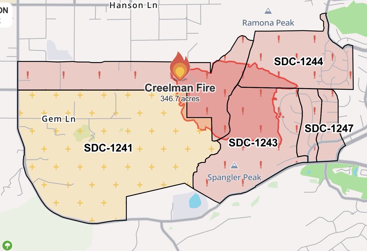Due to improved containment, 
@SDSheriff
 is making changes to the EVACUATION ORDER and EVACUATION WARNING for the CreelmanFire in Ramona. An EVACUATION ORDER remains in effect for the shaded areas in red shown in the map below until further notice. The situation will be reassessed as fire and weather conditions change.